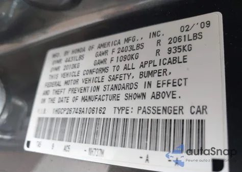 2009 Honda Accord 2.4 Ex z USA, uszkodzony, nr VIN 1HGCP26749A106162